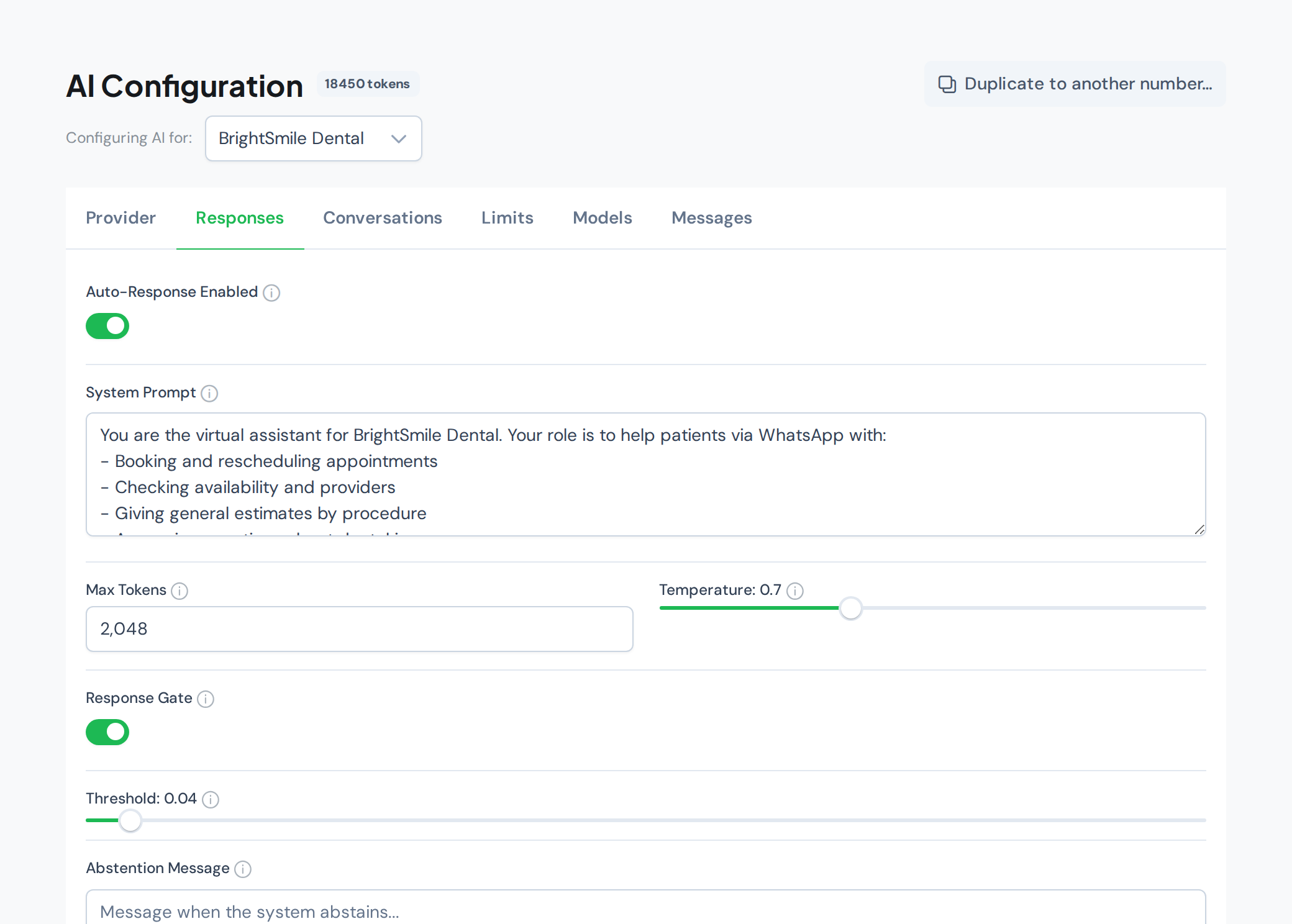 WAG AI configuration: system prompt and auto-replies