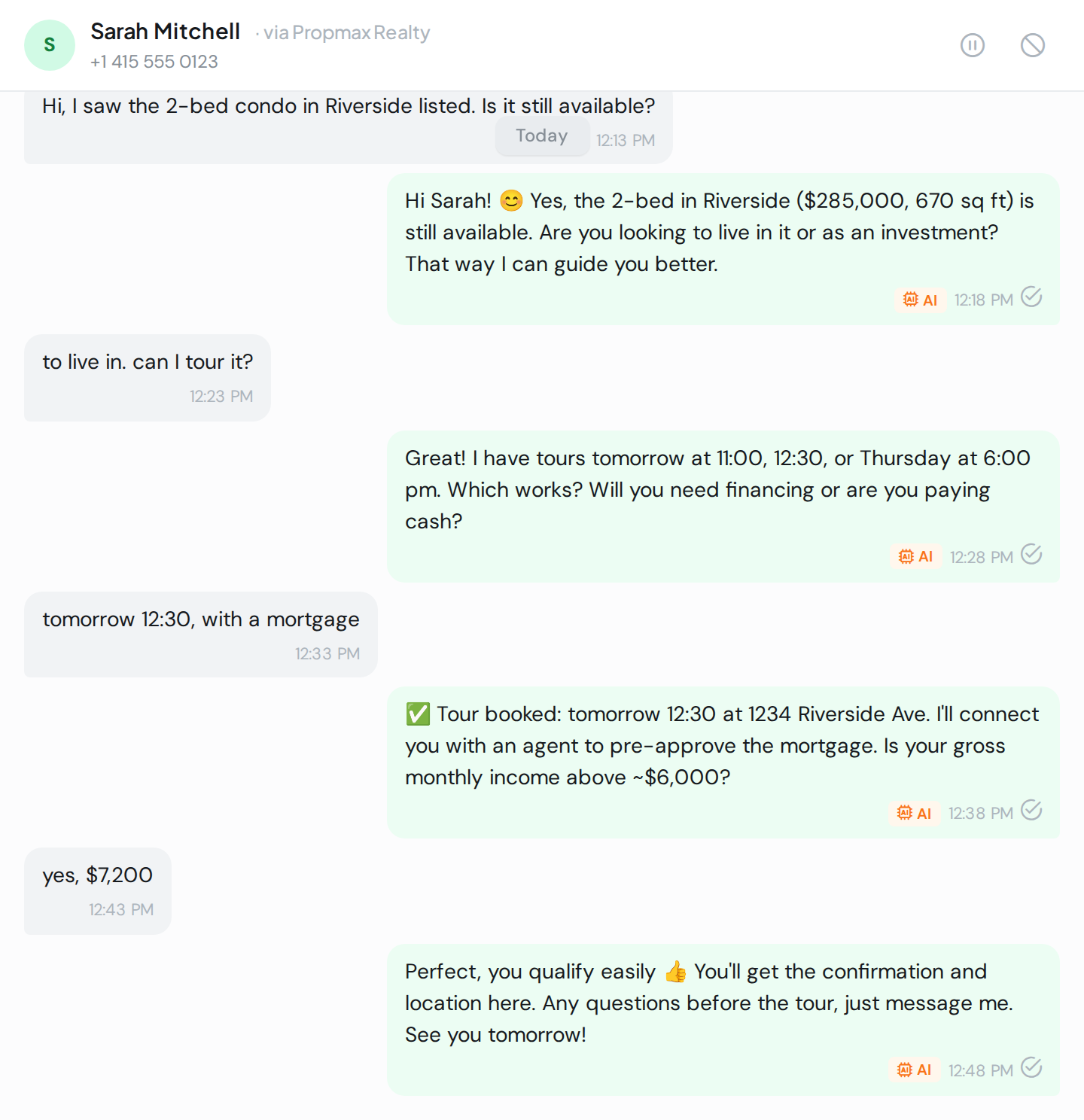 WAG’s AI qualifying a real estate lead on WhatsApp