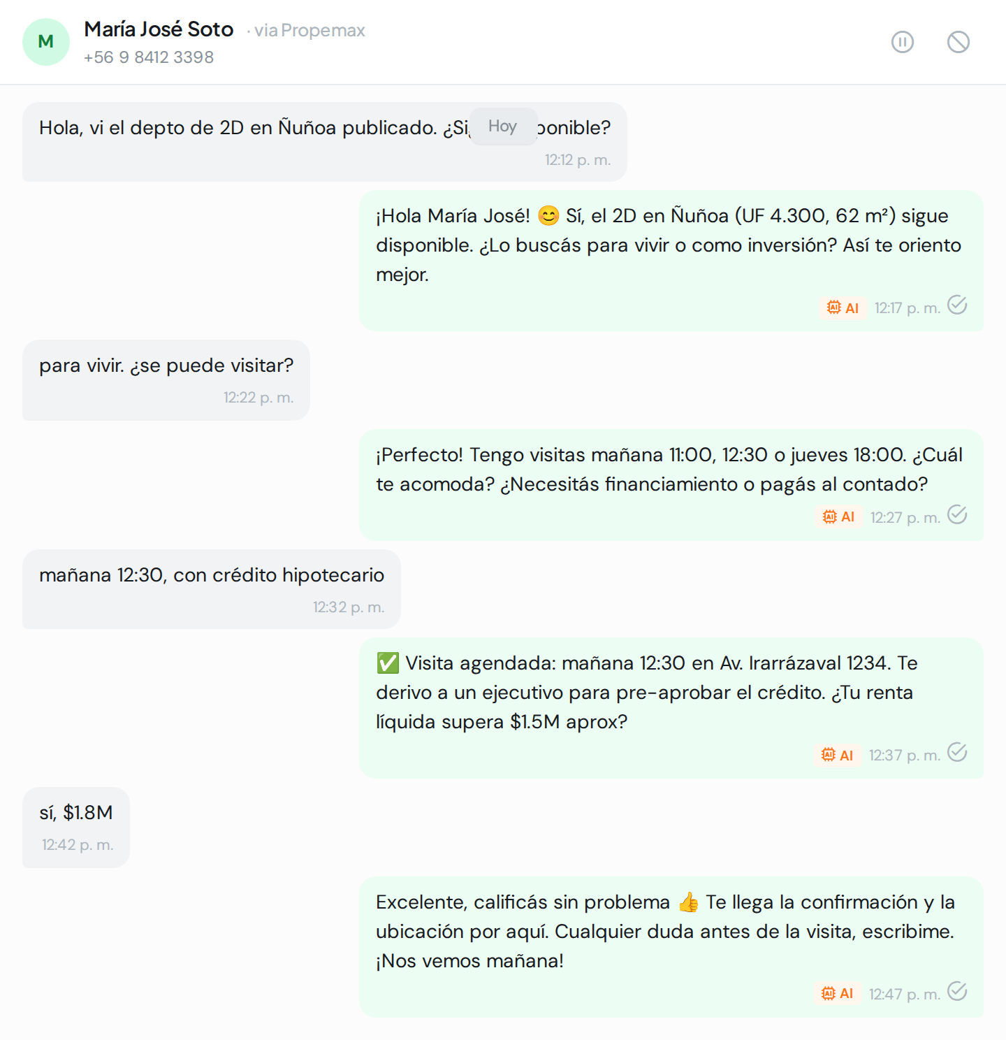 La IA de WAG calificando un lead inmobiliario por WhatsApp