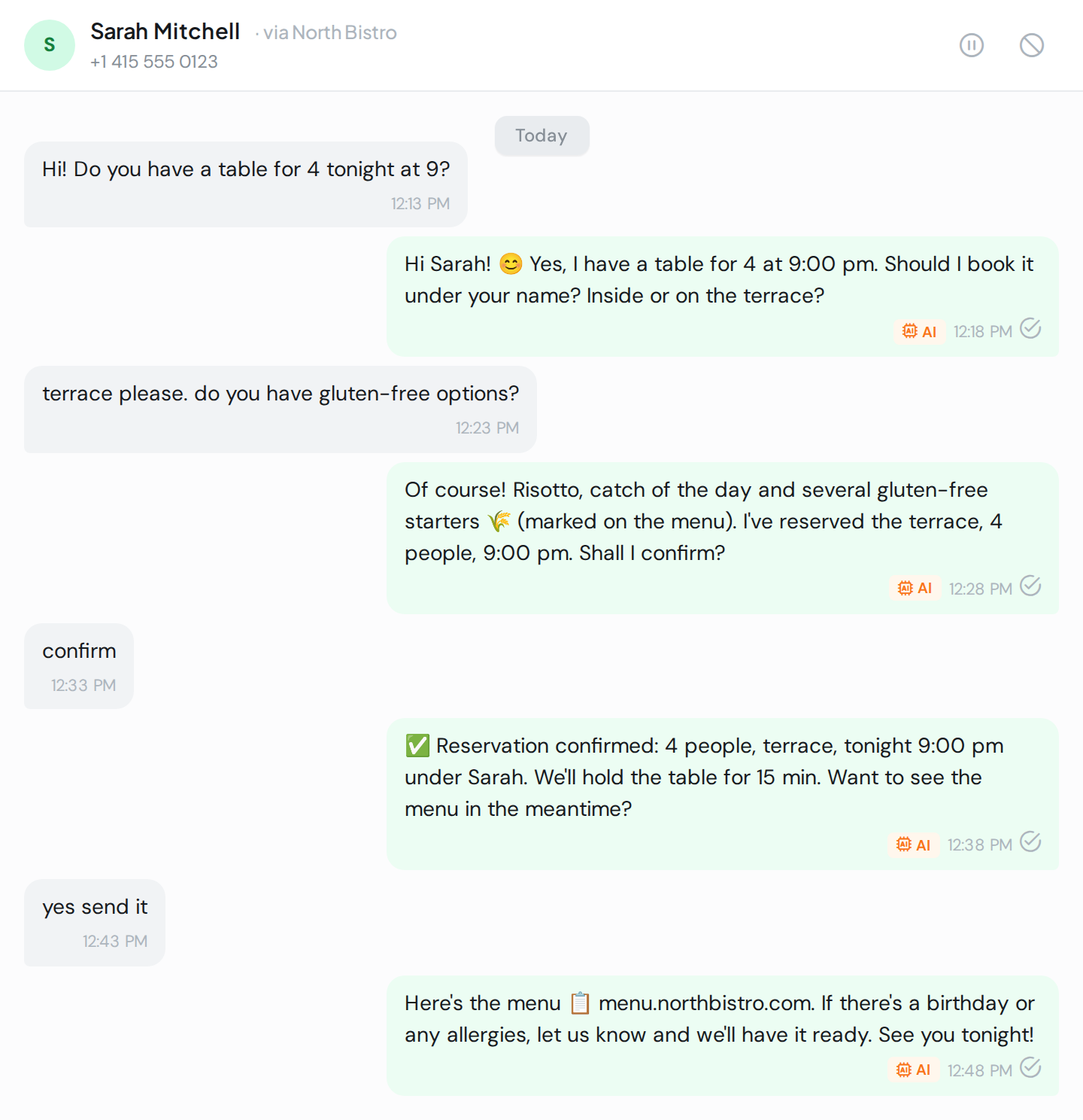 WAG’s AI taking a restaurant reservation on WhatsApp