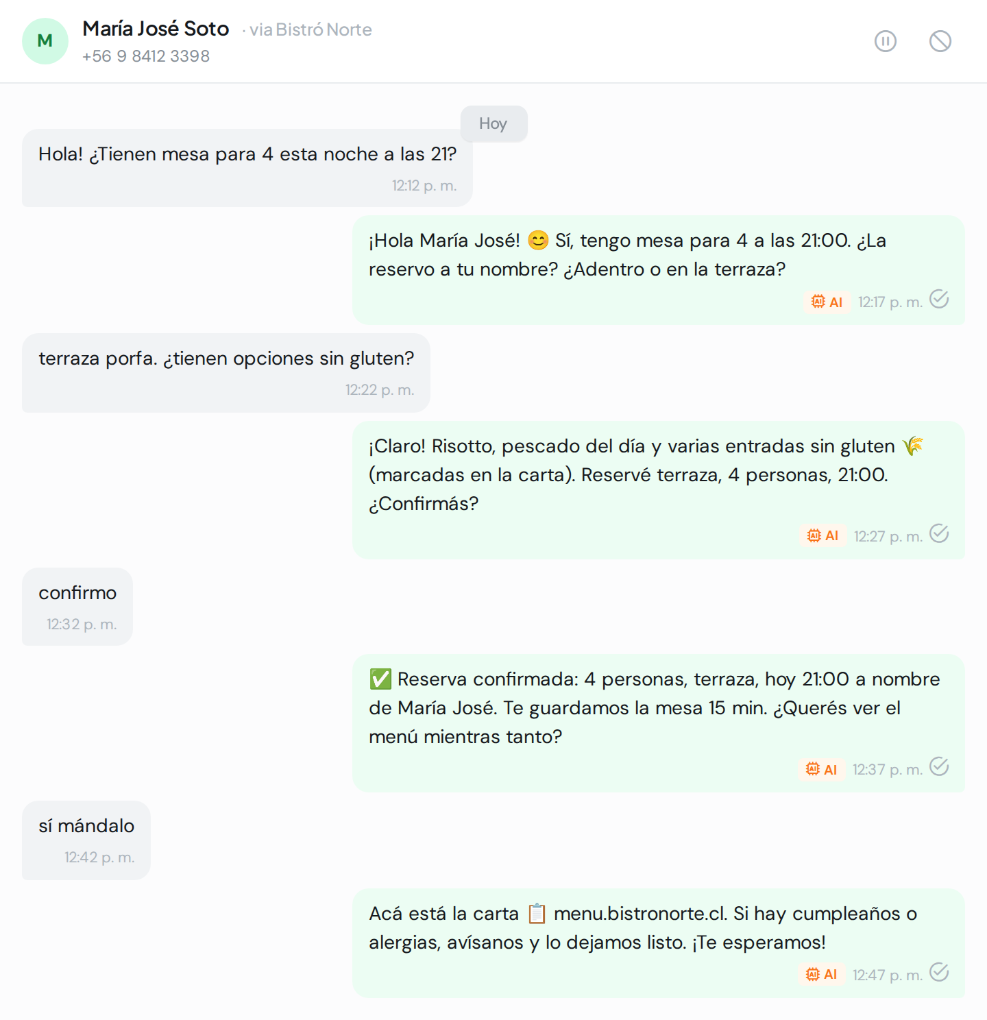 La IA de WAG tomando una reserva de restaurante por WhatsApp