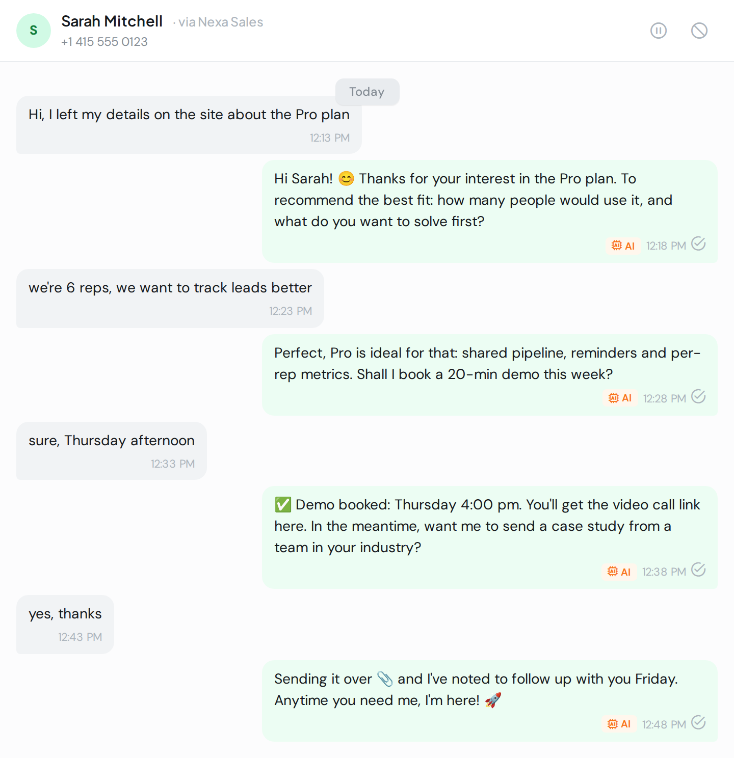 WAG’s AI qualifying a sales lead on WhatsApp