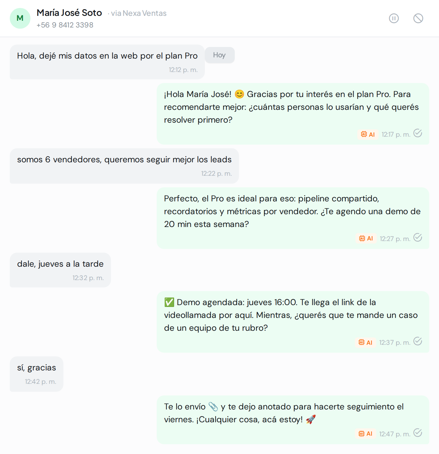 La IA de WAG calificando un lead de ventas por WhatsApp