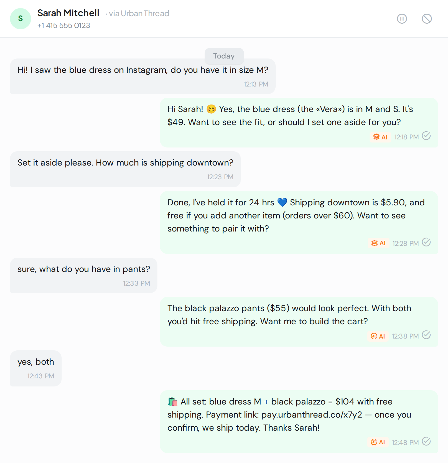 WAG’s AI answering a product question on WhatsApp