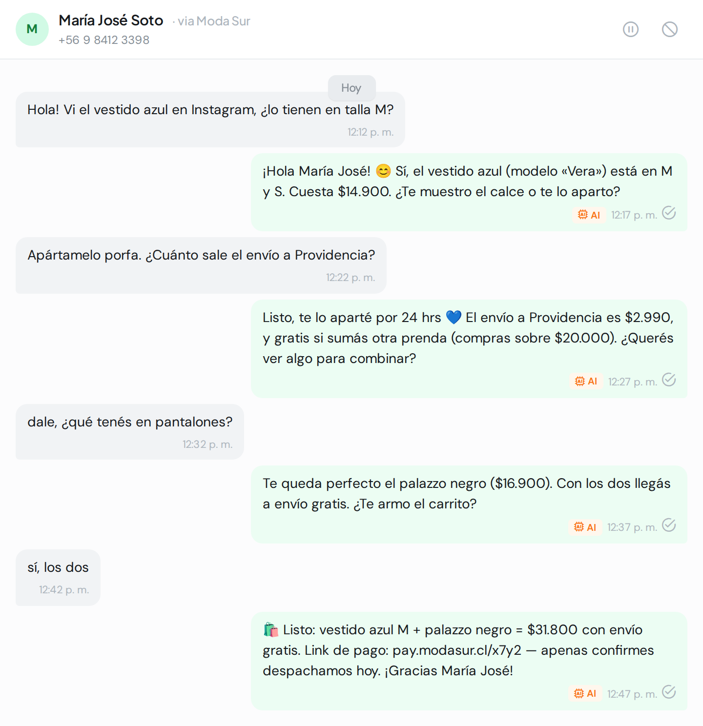 La IA de WAG respondiendo una consulta de producto por WhatsApp