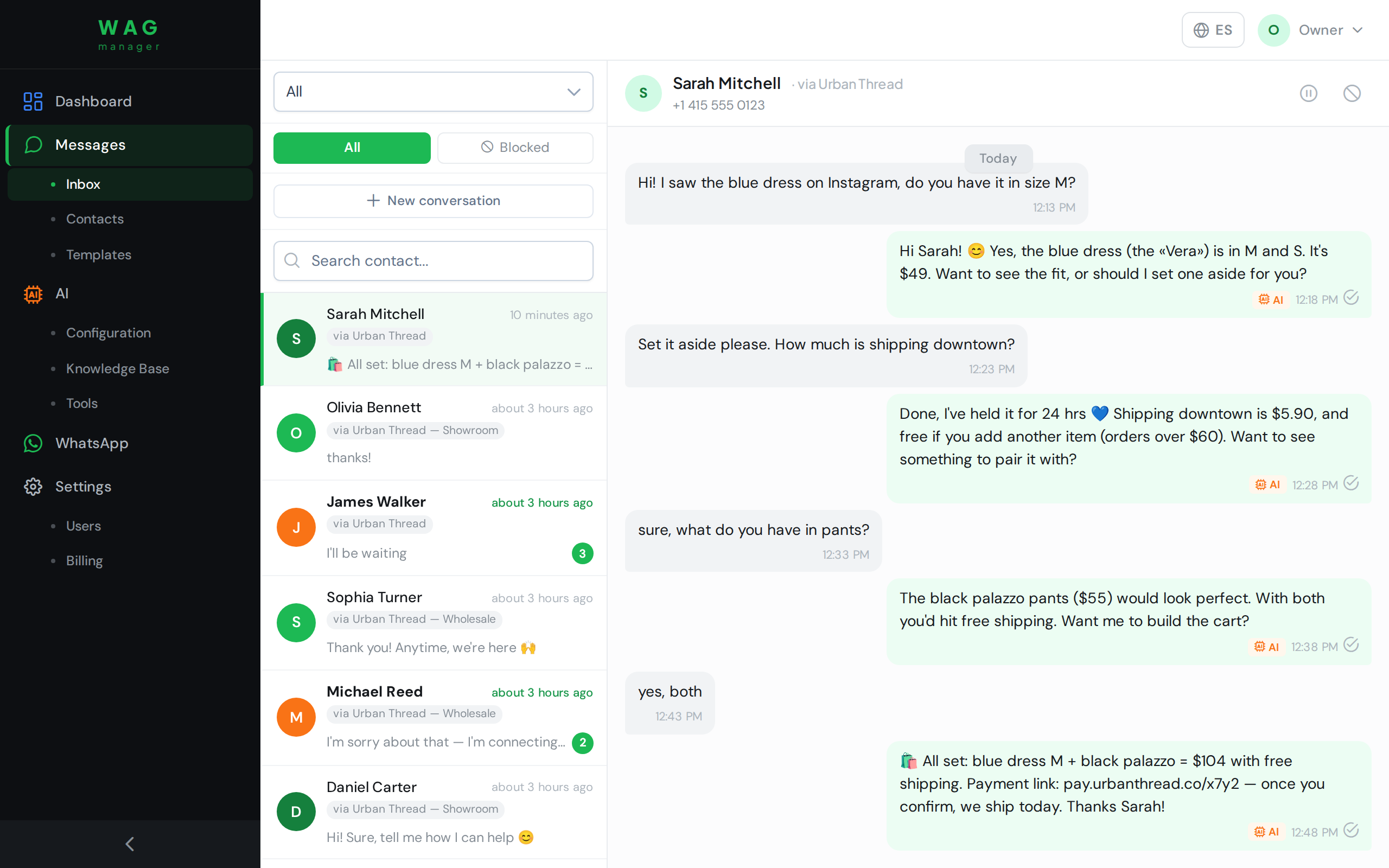 WAG inbox: a product question answered by the AI