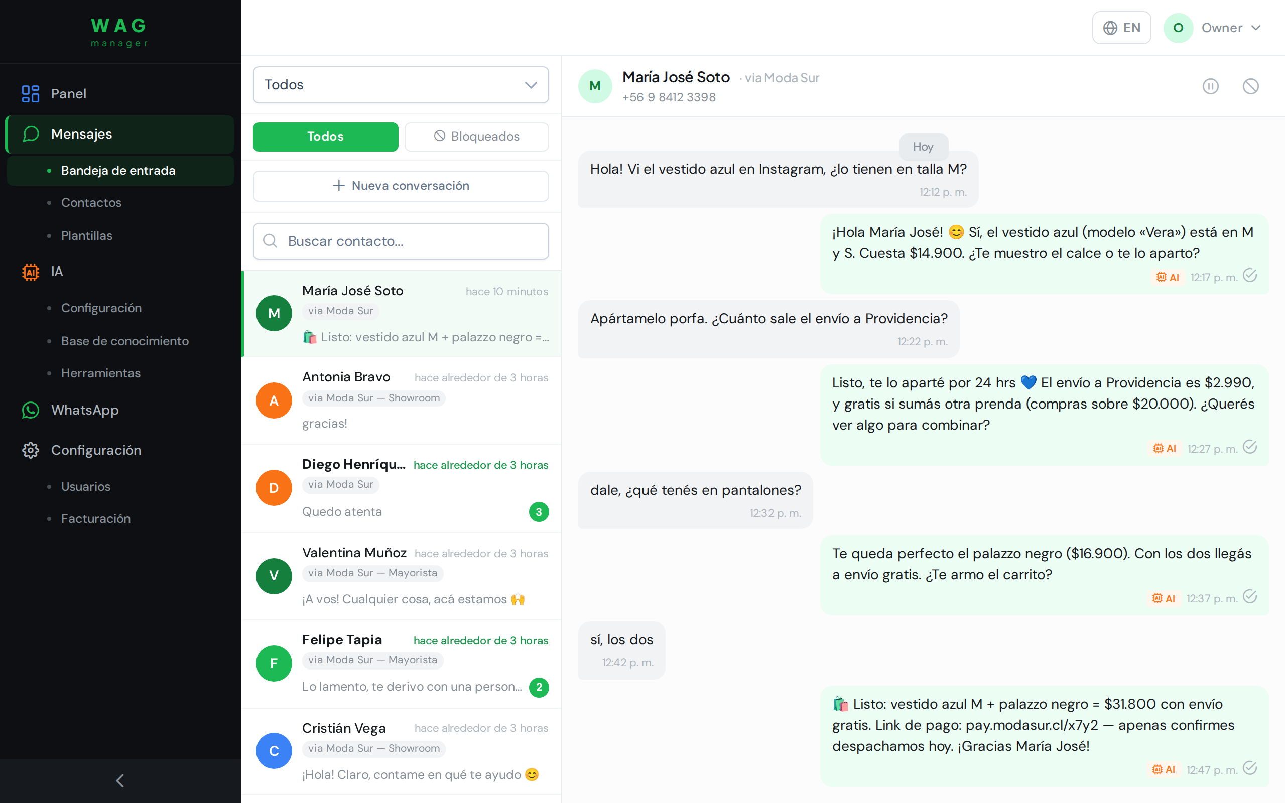 Bandeja de WAG: una consulta de producto respondida por la IA