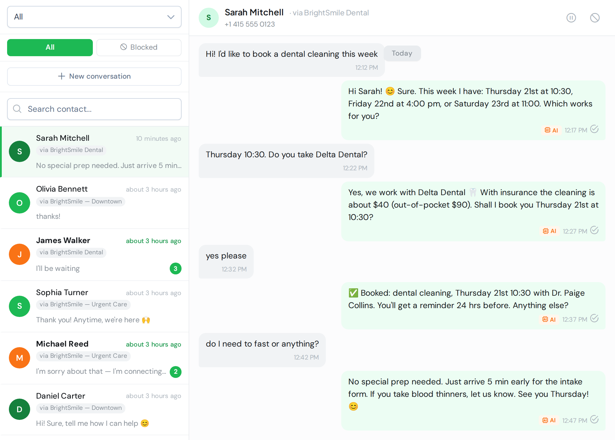 WAG shared inbox: conversation list with per-number filter and open chat
