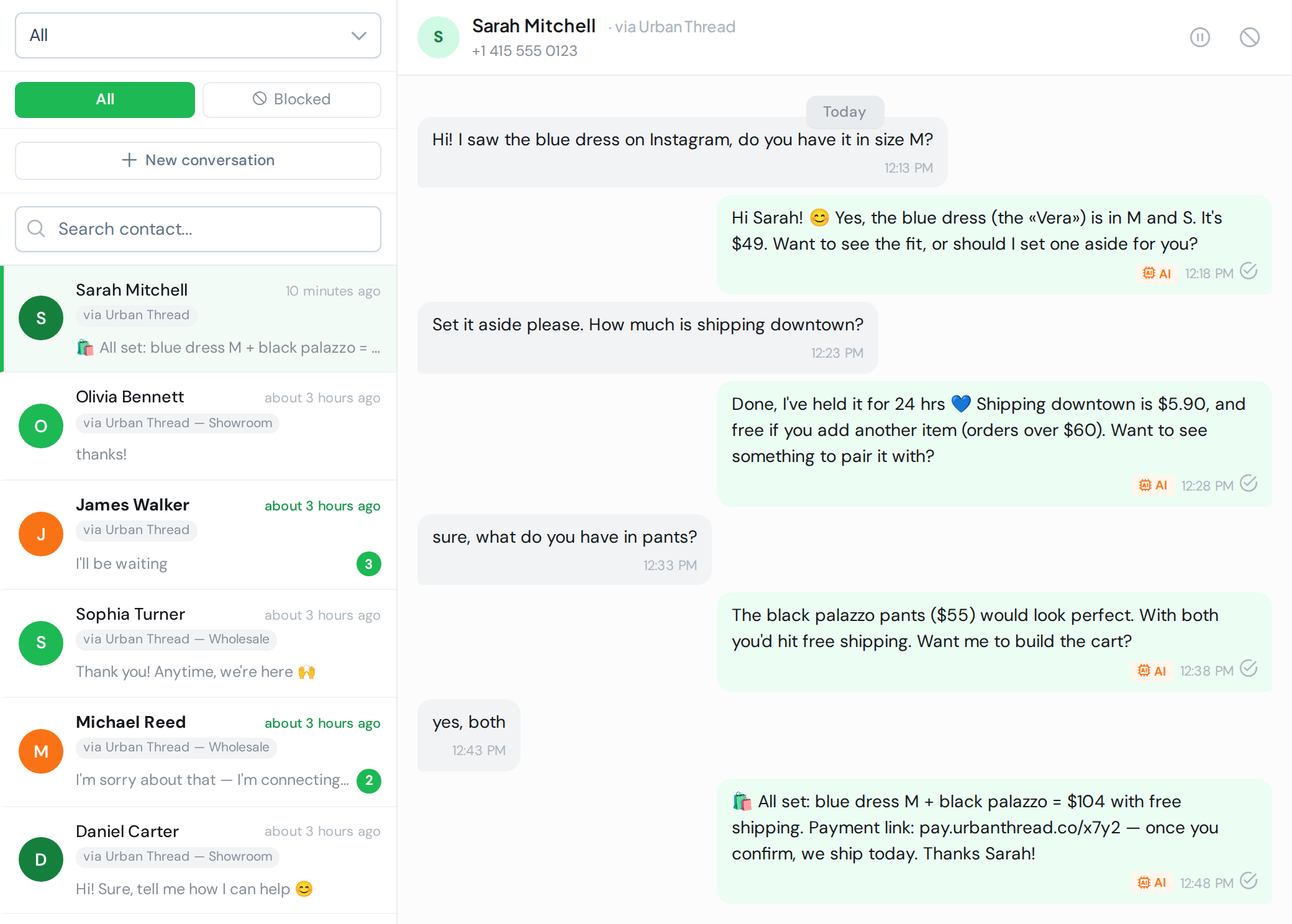 WAG shared inbox: conversation list with per-number filter and open chat