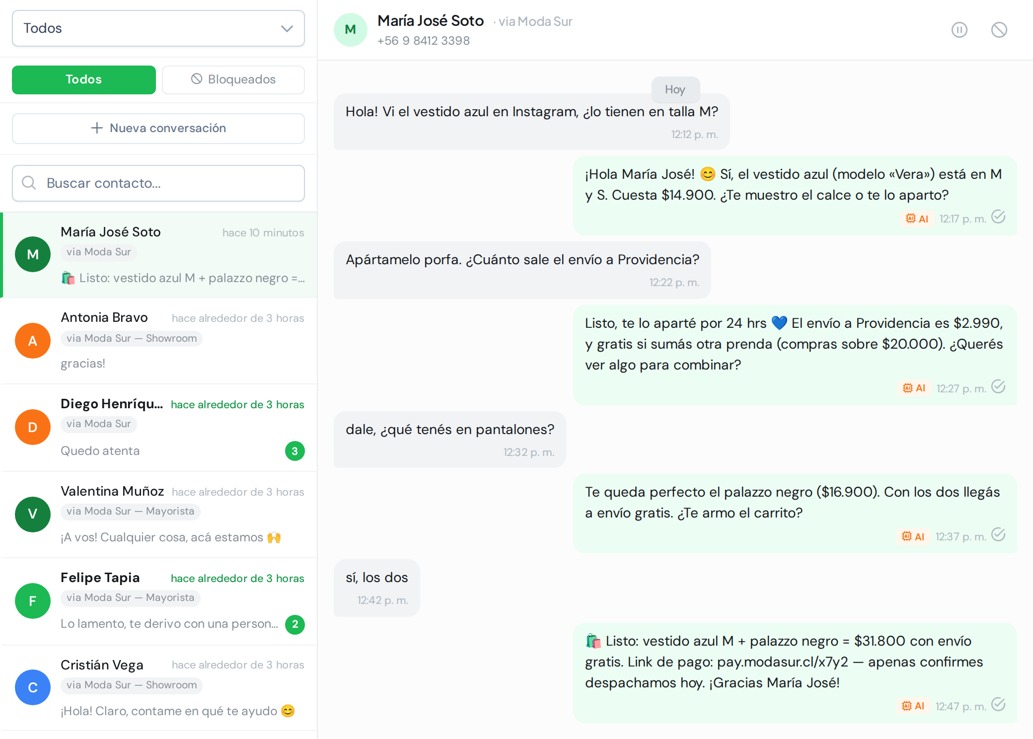 Bandeja compartida de WAG: lista de conversaciones con filtro por número y chat abierto