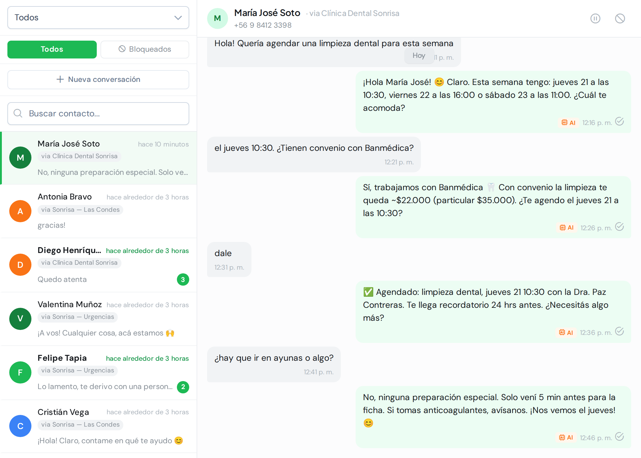 Bandeja compartida de WAG: lista de conversaciones con filtro por número y chat abierto